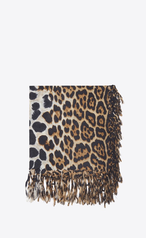 Large square leopard scarf in black and beige wool cloth